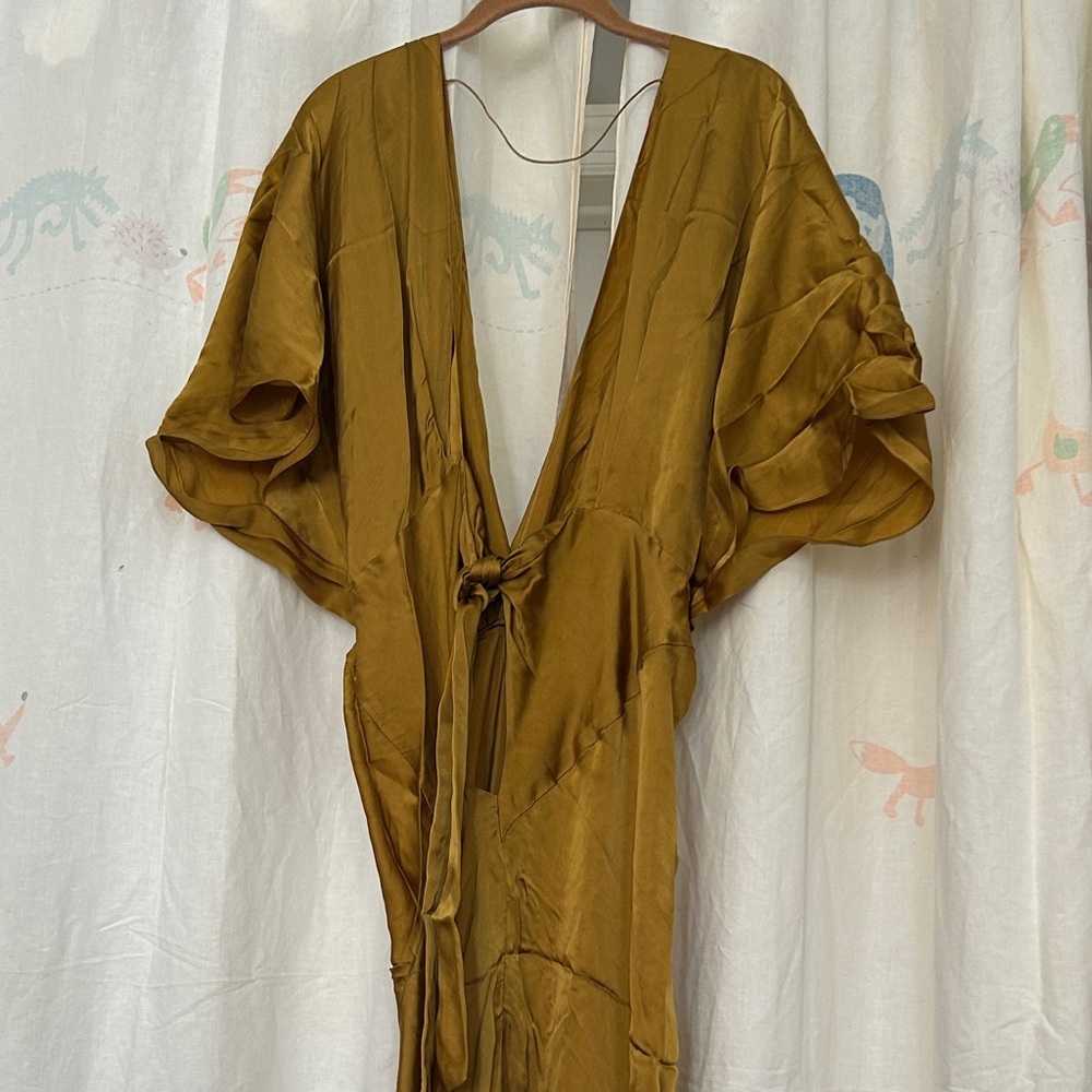 Cortana Elegant 100% Cupri Gold Long Gown Maxi Dress 38